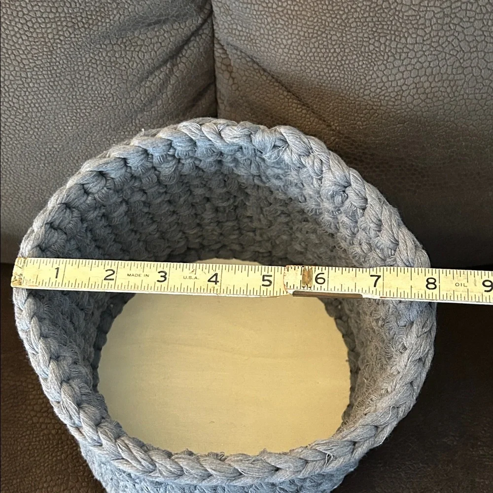 Handmade Gray Crocheted Basket with Tan Wooden bottom